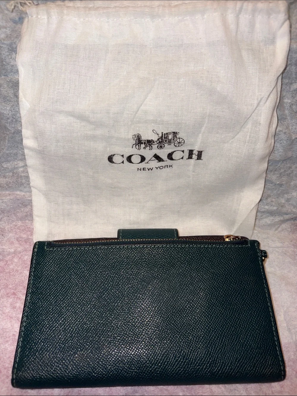 COACH Dark Green Pebbled Leather Wallet with Gold Logo EUC